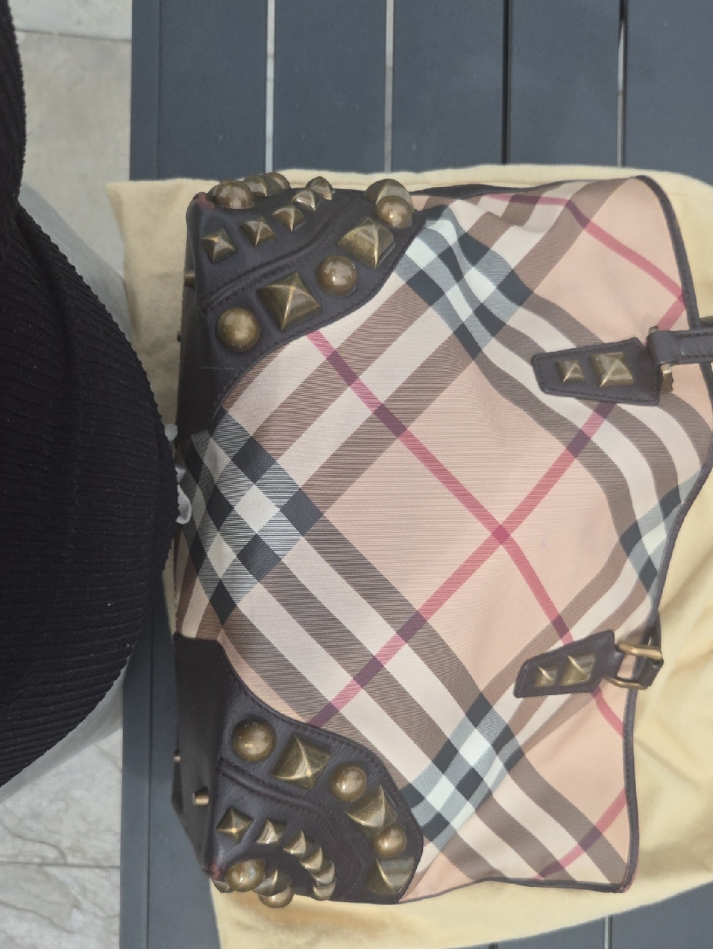Burberry Beige Plaid Tote with Black Leather Handles and Gold Studs - Picture 7 of 13